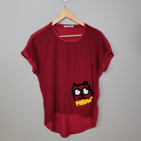 Meow red teeshirt with chenille cat patch - Picture 2 of 7